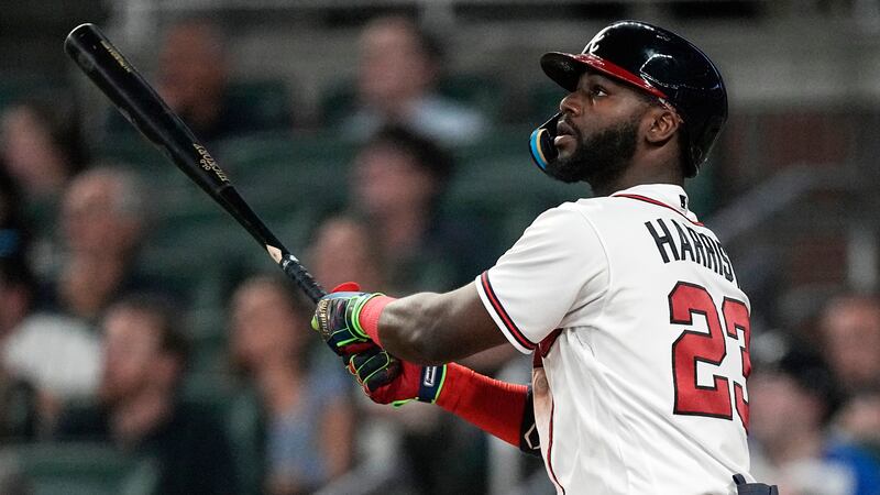 Atlanta Braves center fielder Michael Harris II (23) watches his two-run home run in the...