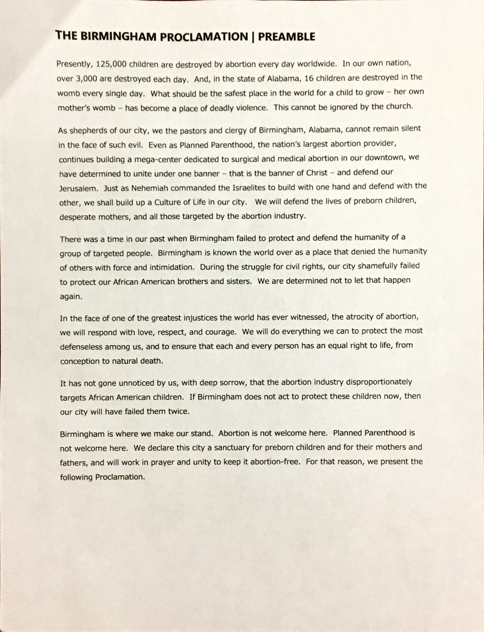 More than 100 Birmingham ministers signed a proclamation against Planned Parenthood and the...