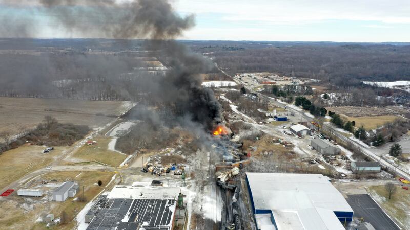 FILE - This photo taken with a drone shows portions of a Norfolk Southern freight train that...