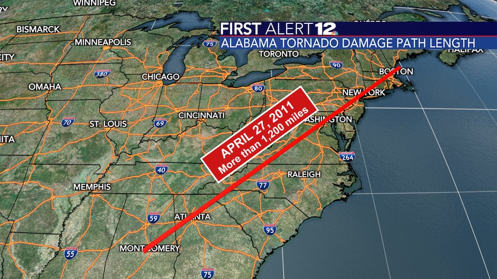 The path length of all the April 27, 2011 tornadoes to strike Alabama adds up to 1,200 miles.