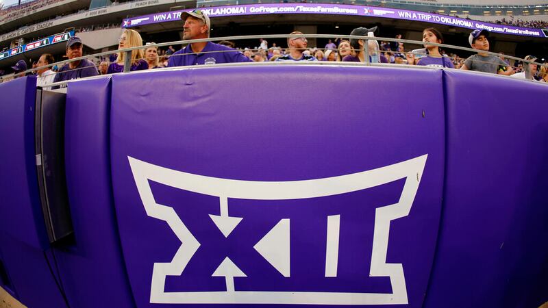 FILE - In this Saturday, Sept. 4, 2021, file photo, a Big 12 Conference logo is displayed on a...