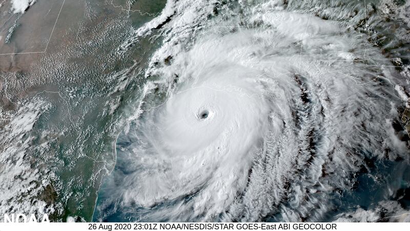 NOAA's GOES-East satellite captured this image of Hurricane Laura on August 26, 2020 as it...