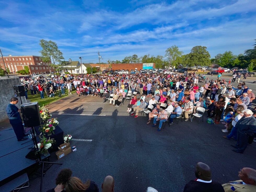 A prayer vigil is held in Dadeville, Alabama, on Sunday, April 16, 2023, the day after a mass...