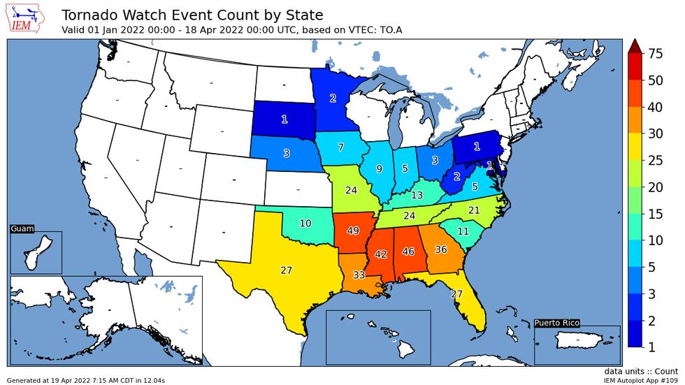 Total number of tornado watches by state in 2022.