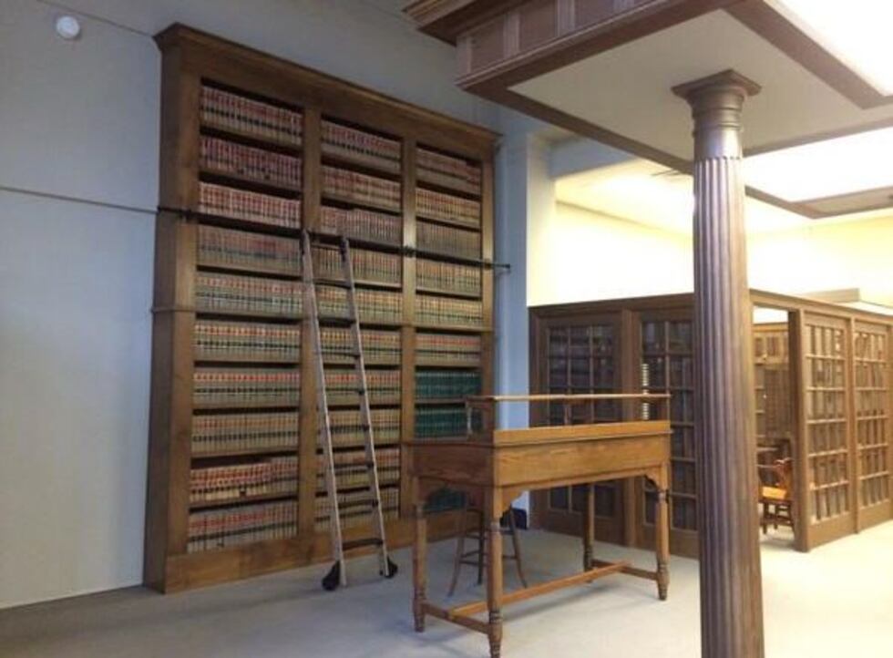 Law books help set the tone for the old 1st National Bank of Greenville's new existence....