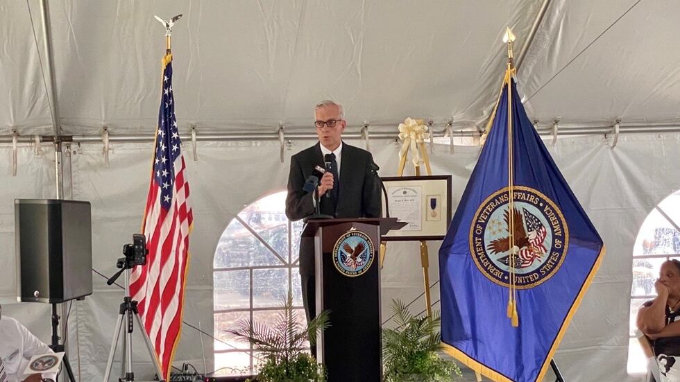 U.S. Secretary of Veterans Affairs Denis McDonough speaks at the 100th anniversary event for...