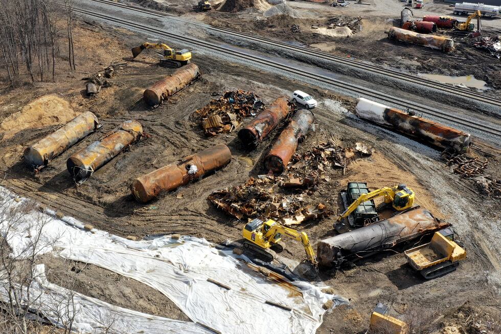 FILE - Cleanup continues, Feb. 24, 2023, at the site of a Norfolk Southern freight train...