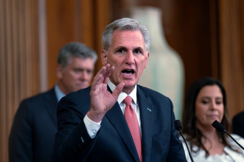 FILE - Speaker of the House Kevin McCarthy, R-Calif., holds a news conference as the House...
