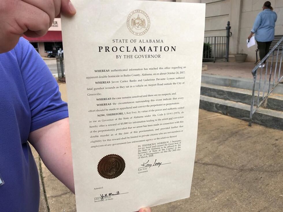 On March 26, 2018, Governor Kay Ivey issued a reward in the amount of $5,000 to anyone who...