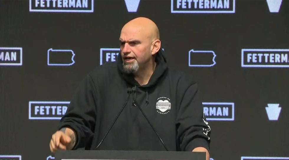 John Fetterman gives a victory speech in Pittsburgh Wednesday night. He is projected to win...