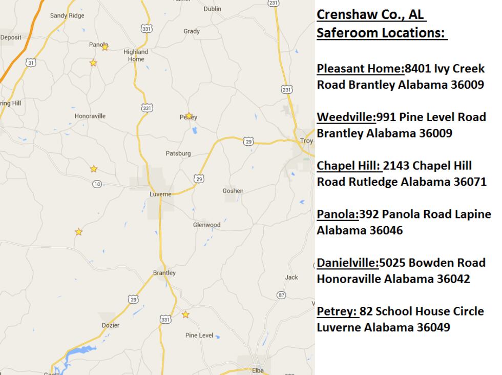 A list of storm shelters that will be open across Crenshaw County Sunday.