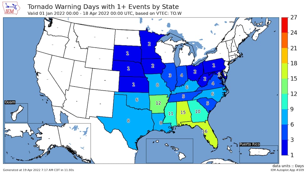 Number of days with at least 1 tornado warning in 2022.