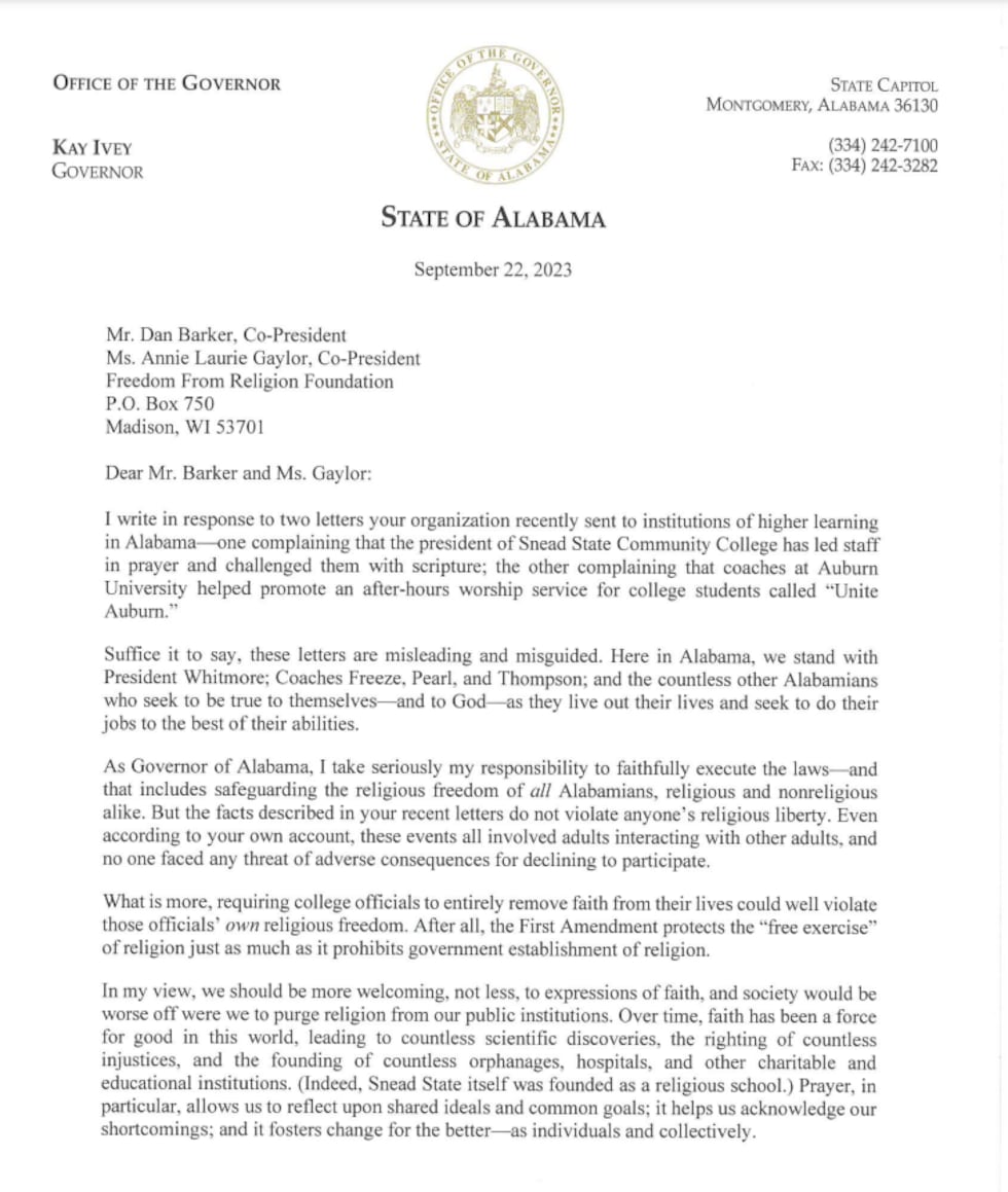 Gov. Kay Ivey's letter to the Freedom From Religion Foundation regarding Auburn University and...