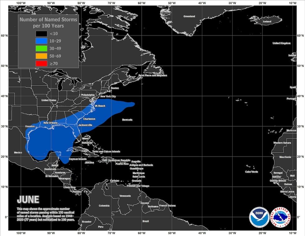 The areas where tropical systems typically form in June.