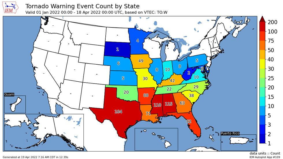 Total number of tornado warnings by state in 2022.