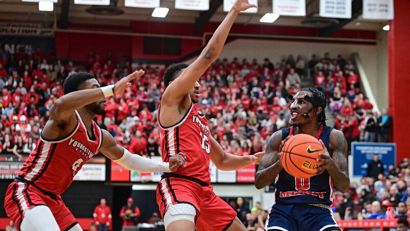 Detroit Mercy Titans guard Antoine Davis, right, looks to shoot while guarded by Youngstown...