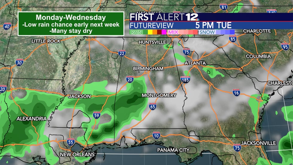 A low chance of rain exists next Monday-Wednesday.